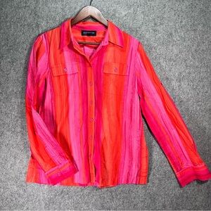 Jones New York Pink Orange Striped Long Sleeve Button Front Shirt Cotton Medium